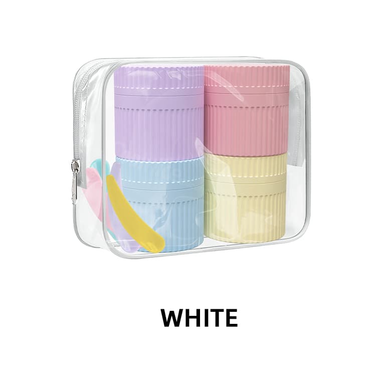 White cosmetic travel jars set in clear pouch