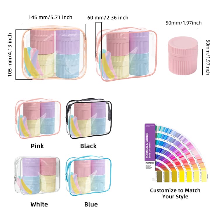Cosmetic travel jar set with size and color options