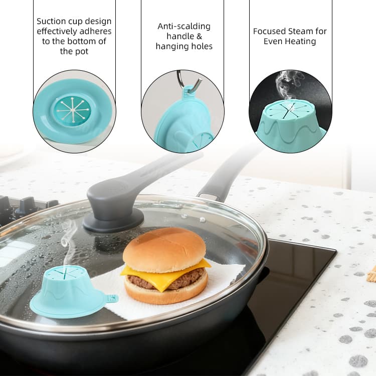 Silicone Burger Steamer with suction base, anti-scalding handle and steam outlet design