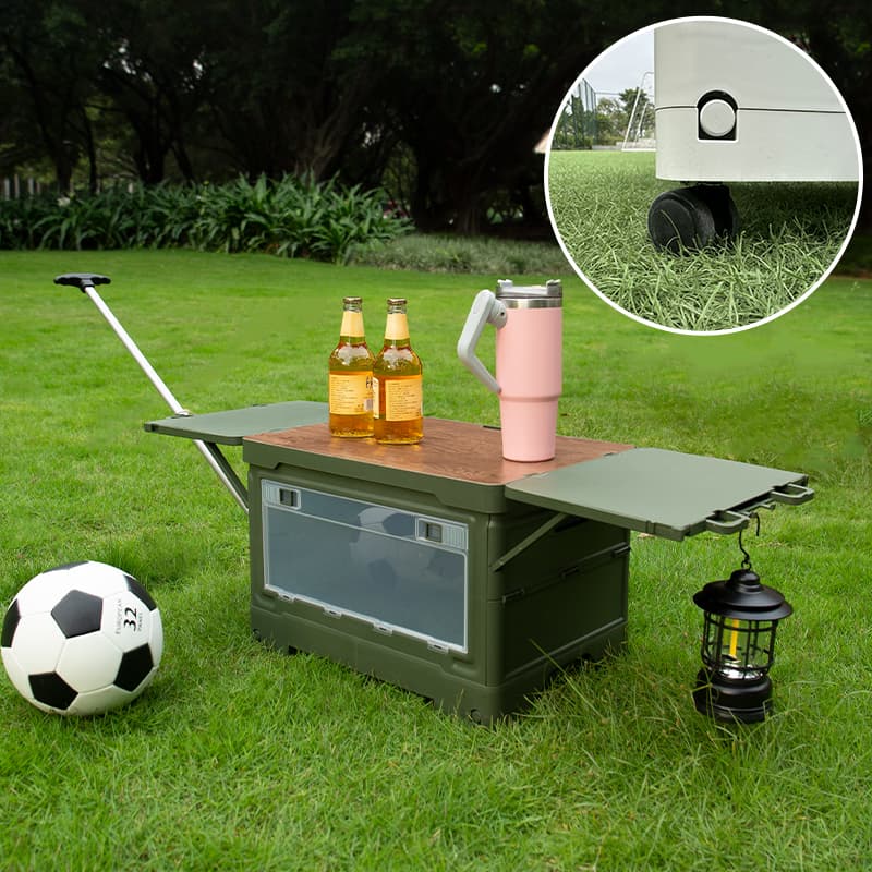 Custom camping folding storage box with side table and wheels for outdoor use