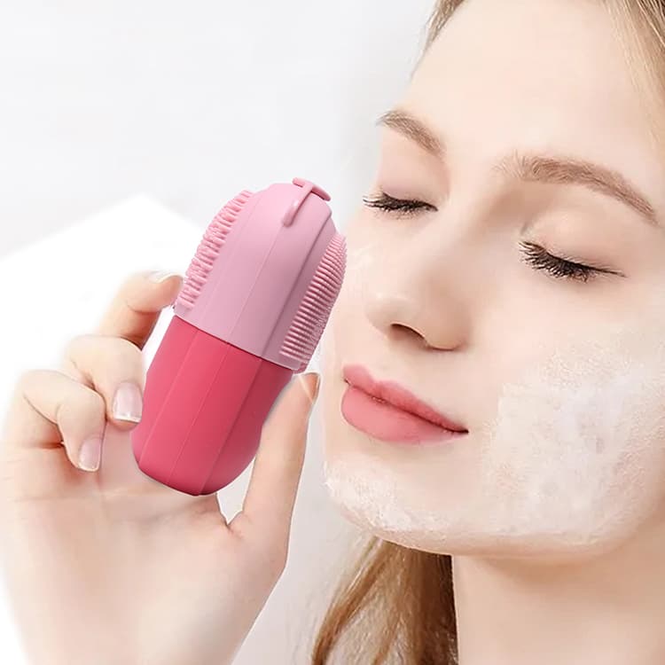 Woman using silicone facial cleansing ice roller