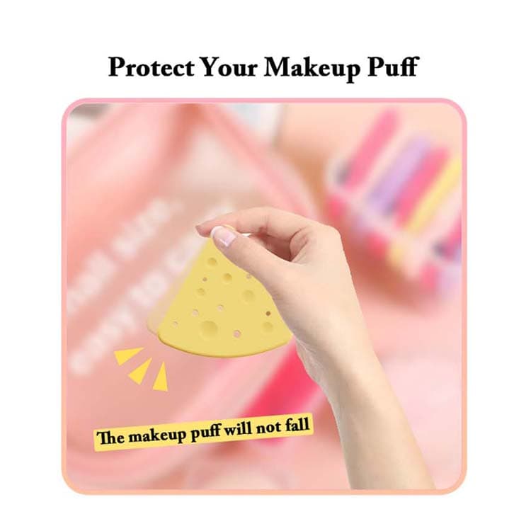 Hand holding silicone makeup puff holder preventing puff from falling