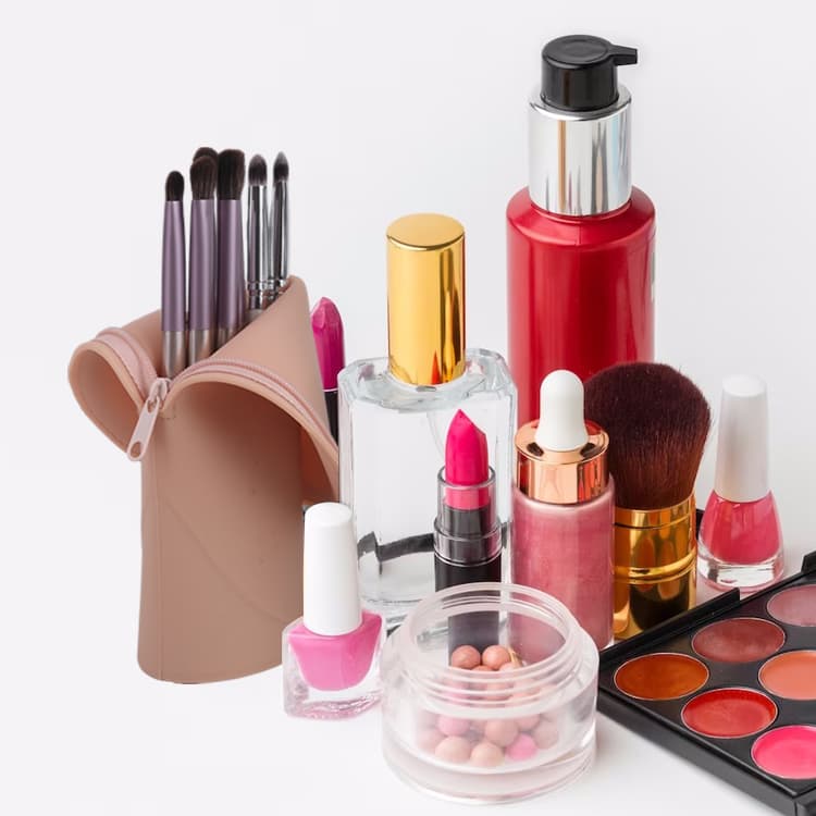 Silicone makeup brush bag next to lipsticks and cosmetics