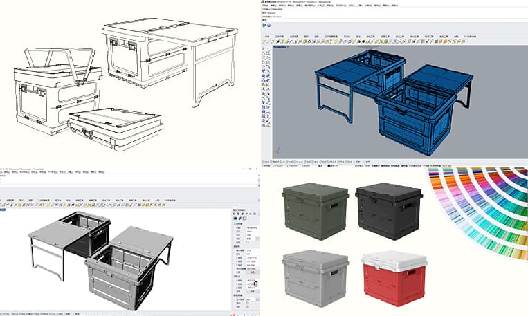3D design and color customization process for camping folding storage boxes — CAD modeling, color matching, and structure development by CoolniceMFG.