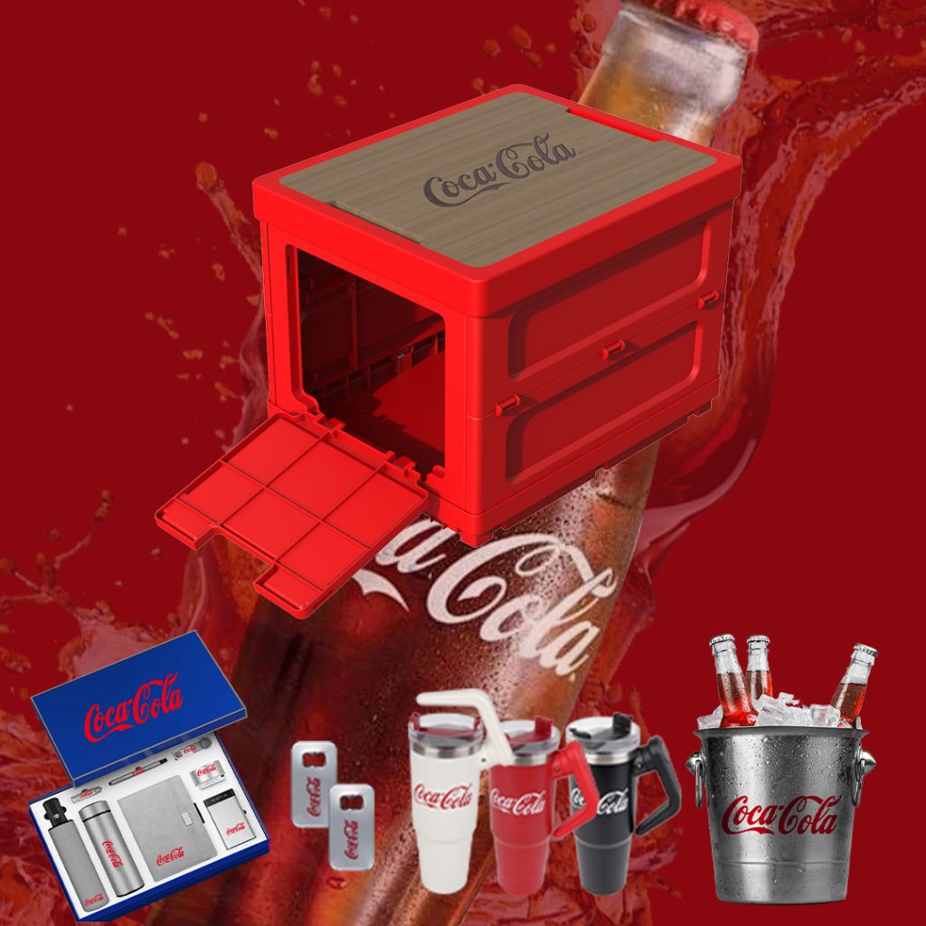 Coca-Cola themed promotional gift set featuring custom red folding storage box, drinkware, and branded packaging designed by CoolniceMFG for OEM marketing campaigns.