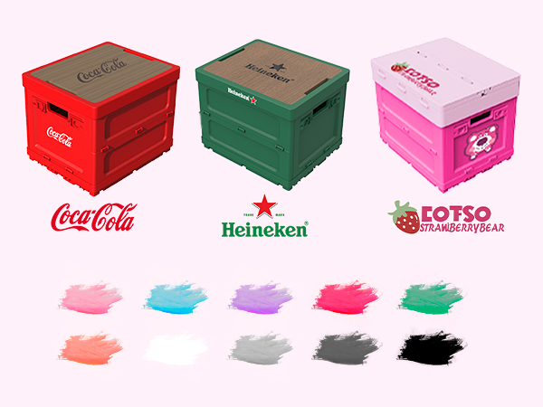 Custom camping folding storage boxes in red, green, and pink with Coca-Cola, Heineken, and Strawberry Bear logos, showing OEM Pantone color customization options for outdoor storage box manufacturing.