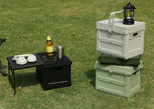 Custom camping folding storage boxes with stackable design and side table setup for outdoor use