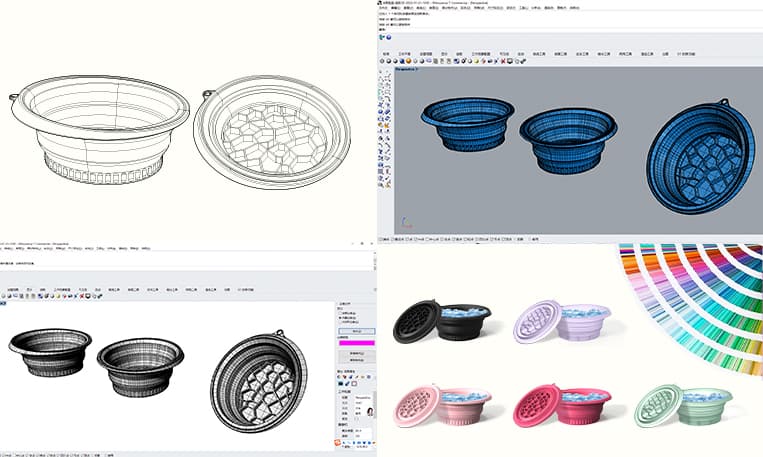 Custom silicone cold therapy tool 3D modeling and mold design process with Pantone color options