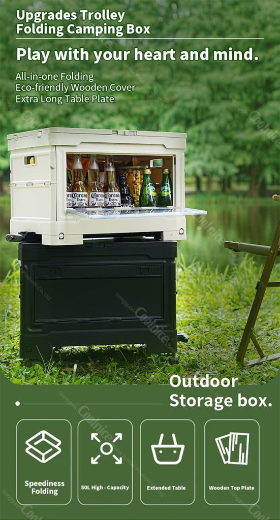 Folding camping box outdoor storage with side table and drinks