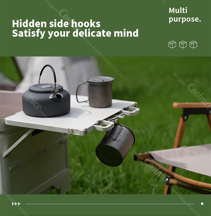 Camping box side hooks for holding cups and cookware