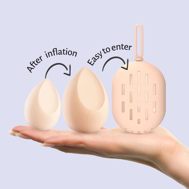 Beauty sponge before and after inflation beside silicone sponge storage case