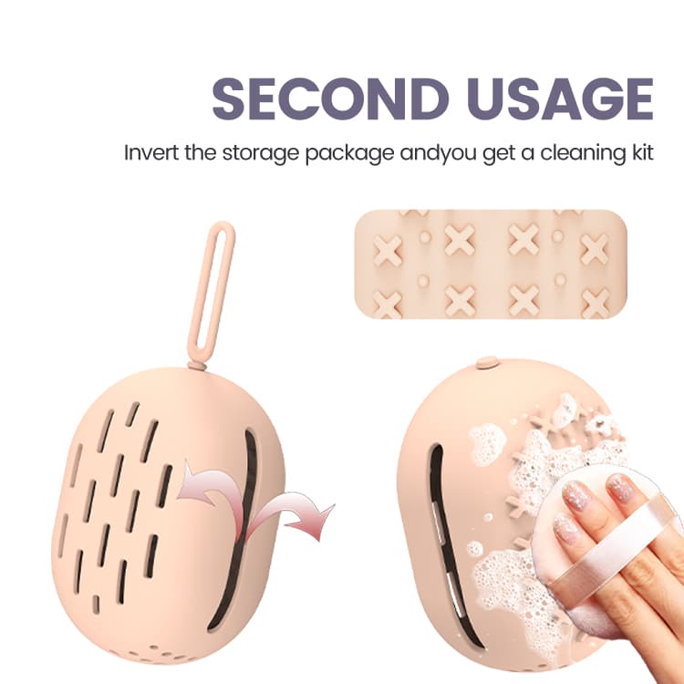 Silicone makeup sponge case flipped inside out to become a cleaning tool