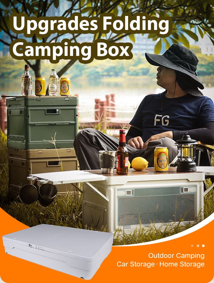 Upgraded folding camping box used outdoors with table extension
