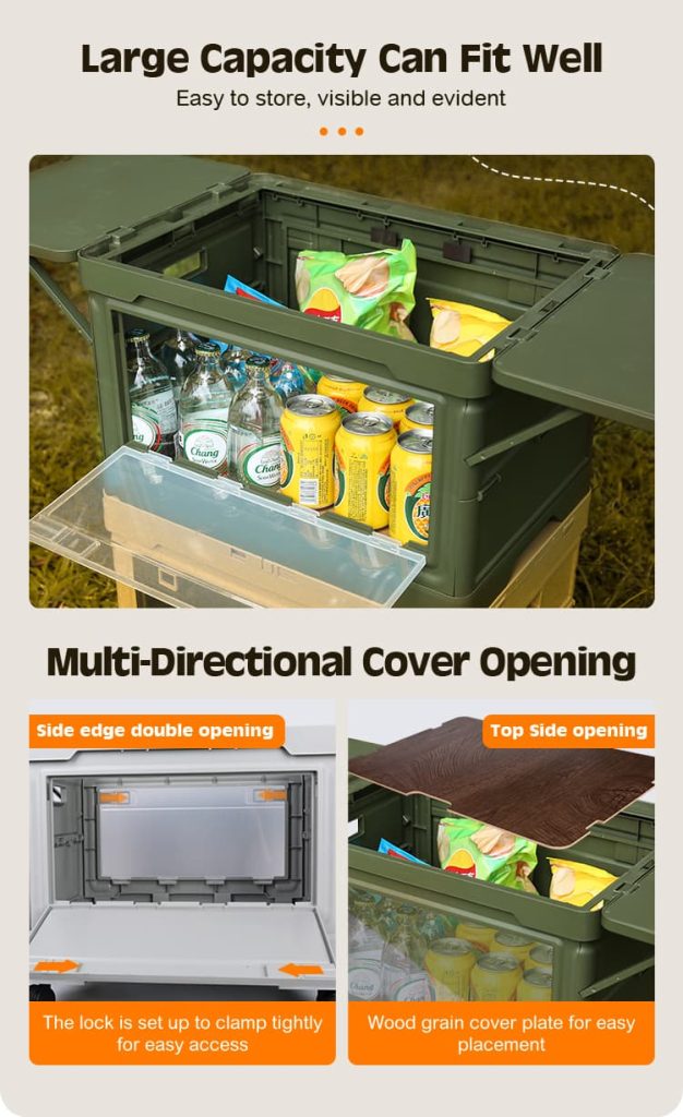 Large capacity camping storage box filled with drinks and snacks