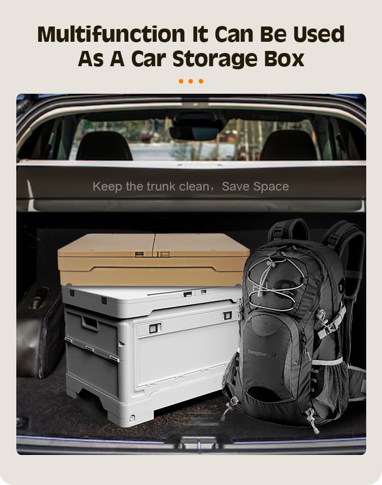Folding camping box used as a car storage organizer in trunk