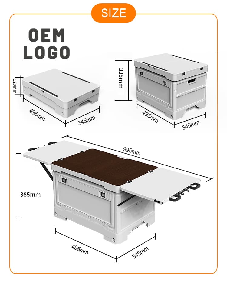 Folding camping box size chart with full measurements and OEM logo option