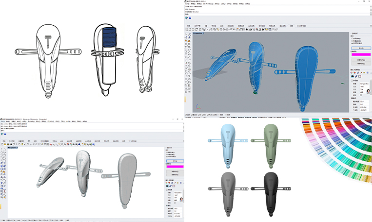 3D modeling and design process for custom silicone bags, showing various color and texture options.