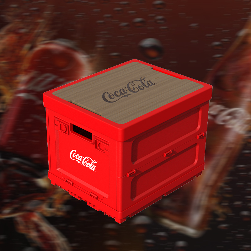 3D render of Coca-Cola branded folding storage box with wood-style lid and red body — designed and manufactured by CoolniceMFG.