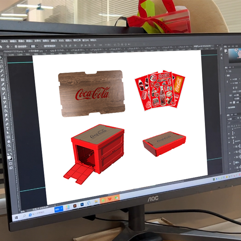 Coca-Cola folding storage box design preview on computer screen — showcasing 3D modeling, logo placement, and custom packaging design by CoolniceMFG.