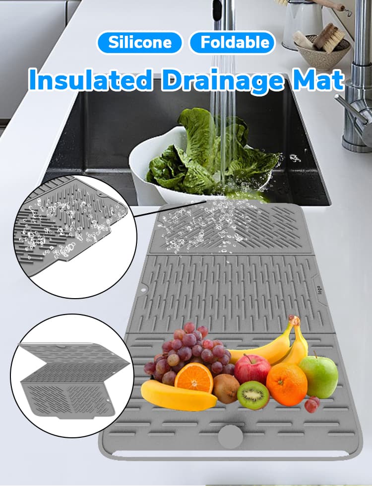 Silicone foldable insulated drainage mat for kitchen sink washing fruits and vegetables