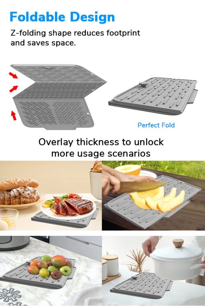 Foldable silicone kitchen mat for multiple cooking and food prep scenarios