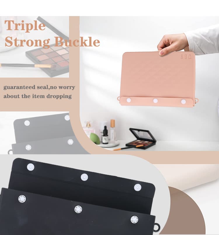 Triple buckle silicone makeup bag closure system