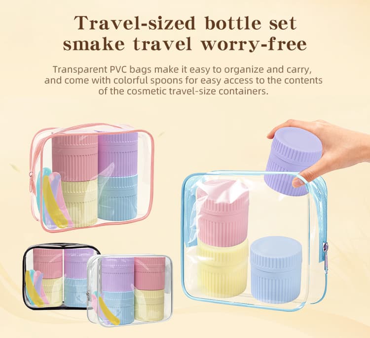 Travel-size silicone cosmetic container set in transparent PVC bag