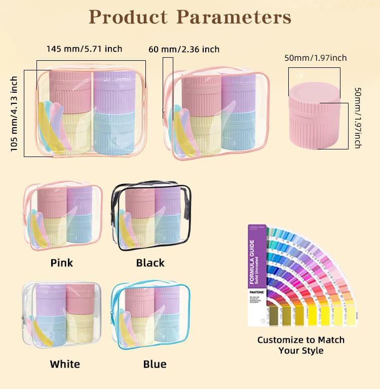 Silicone travel jar set size chart with color options and Pantone customization
