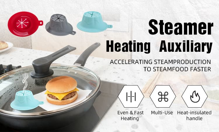 Silicone microwave steamer heating burgers evenly under a pot lid.