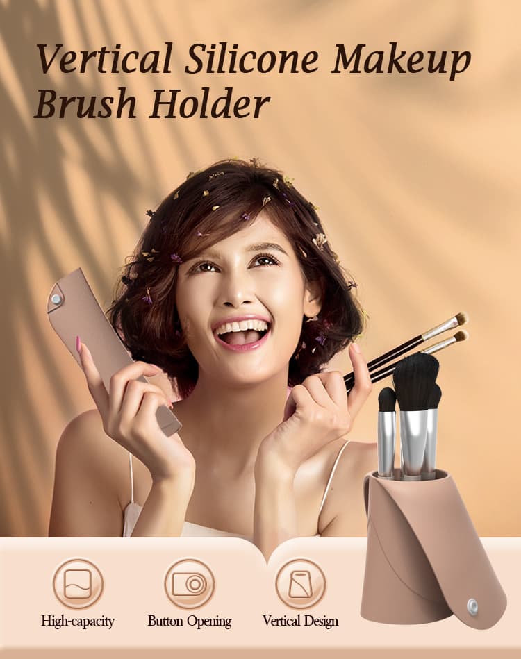 Vertical silicone makeup brush holder in use