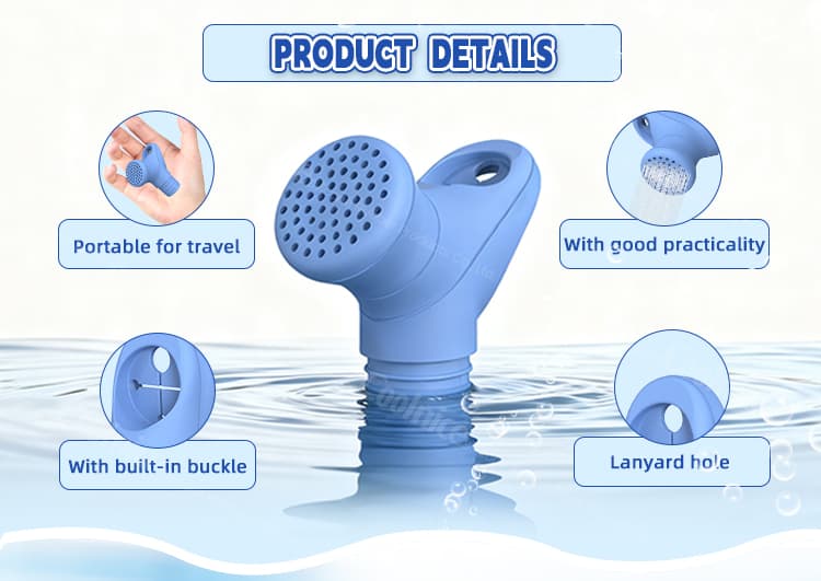 Silicone water bottle shower head design details with spray holes and buckle