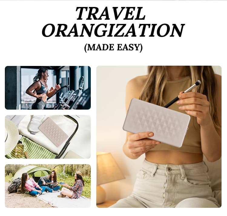 Silicone makeup bag showing multiple usage scenes for travel and daily organization.