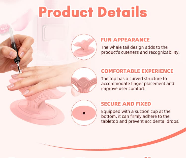 Close-up details of silicone nail hand rest features like suction cup and finger support