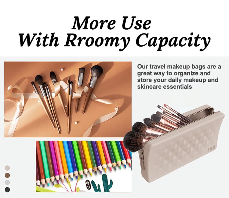 Silicone makeup bag with large capacity displayed with brushes and colored pencils.