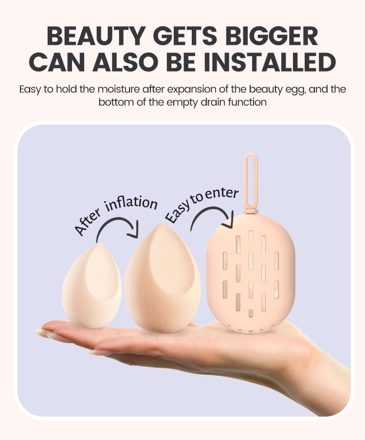 Dry and expanded beauty sponge entering flexible silicone storage bag