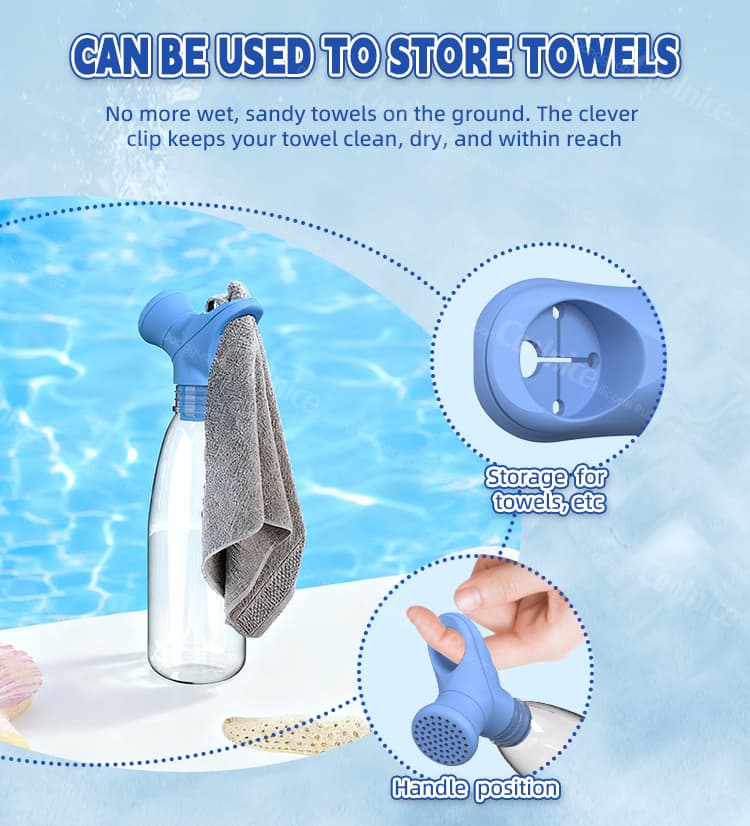Silicone shower head used as a towel holder on a water bottle