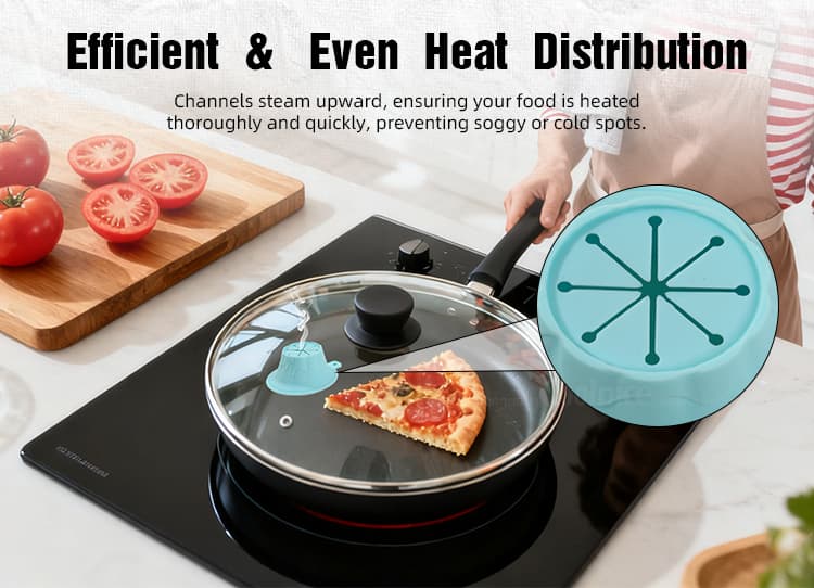Silicone steamer evenly heating pizza slice with steam circulation.