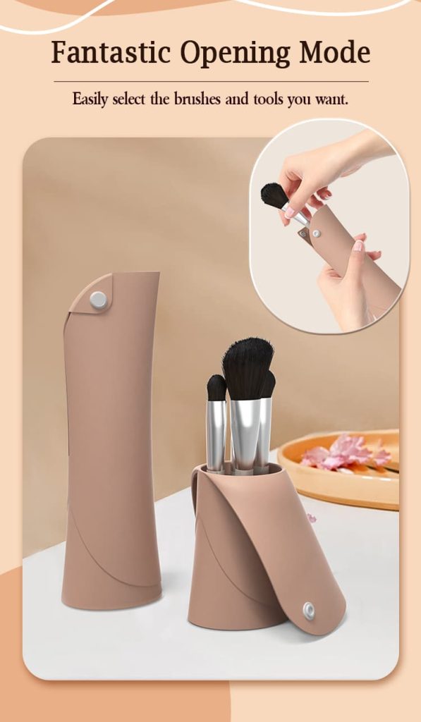 Vertical silicone makeup brush holder being opened by hand