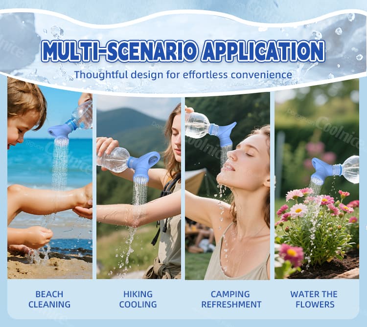 Outdoor uses of silicone water bottle shower head for beach, hiking, camping, and gardening