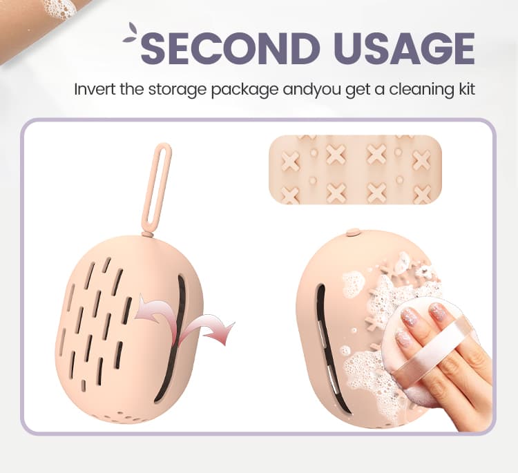 Silicone beauty egg bag inverted to form a textured cleaning pad