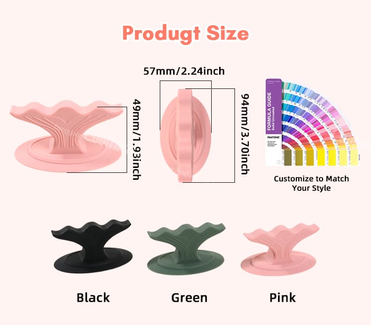 Silicone hand rest size chart and available colors black, green, and pink