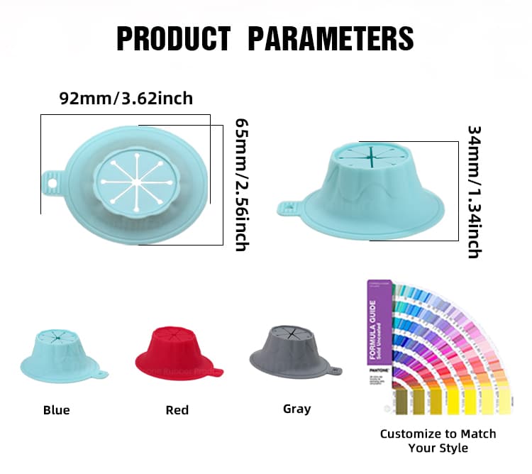 Silicone steamer size chart with blue, red, and gray color options.
