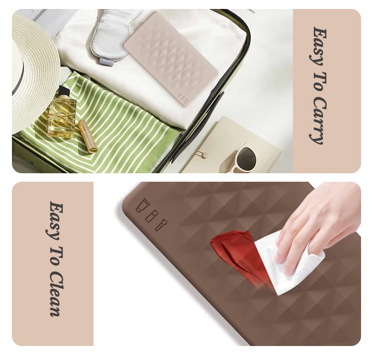 Silicone makeup bag showing easy-to-carry and easy-to-clean features.