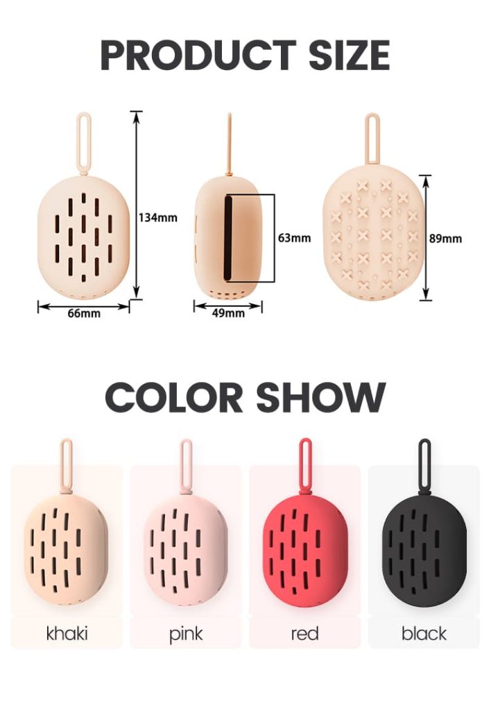 Product size chart and color options for silicone beauty egg storage bag