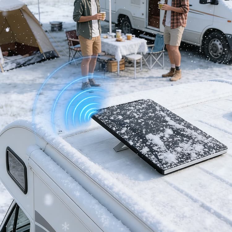 Starlink Gen 3 silicone case in snowy RV camping with stable signal transmission