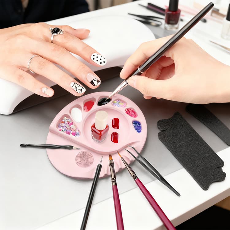 Silicone makeup mixing palette with nail art tools and pigment compartments