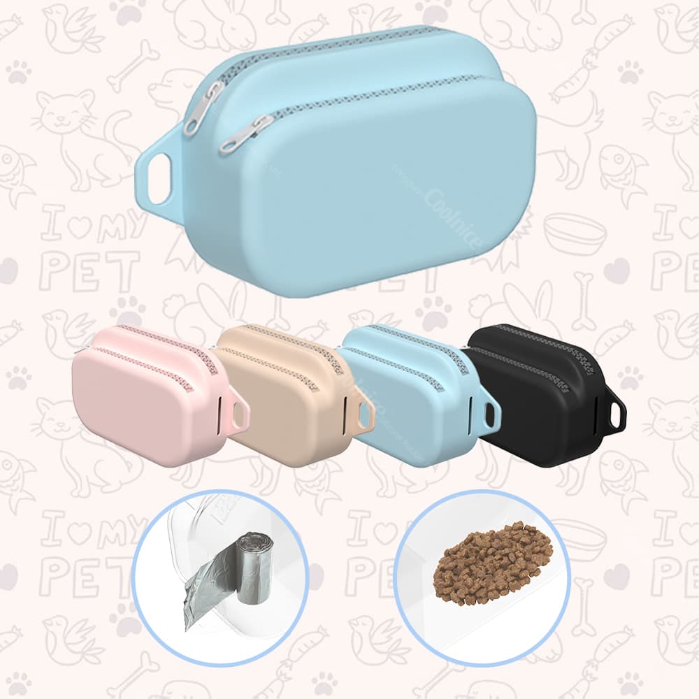 Multi-color silicone dog treat pouch in pink, khaki, blue, and black.