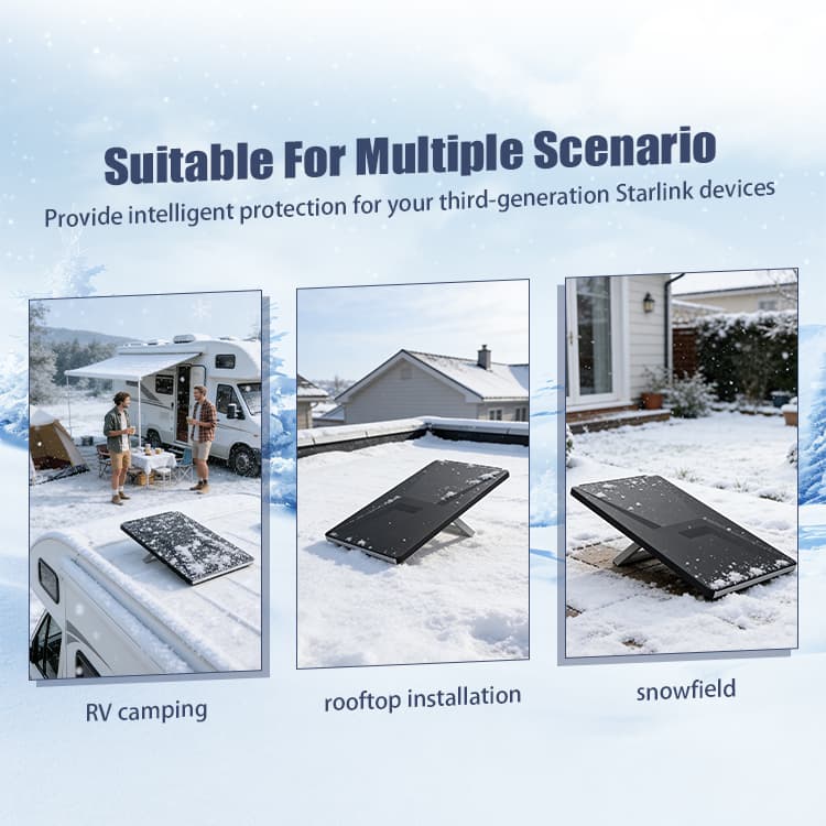 Multiple outdoor scenarios showing Starlink Gen 3 silicone protective case for RV camping, rooftop setup, and snowfield use