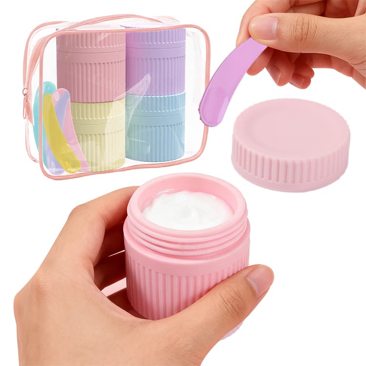 Refillable silicone cosmetic container with spatula and travel pouch