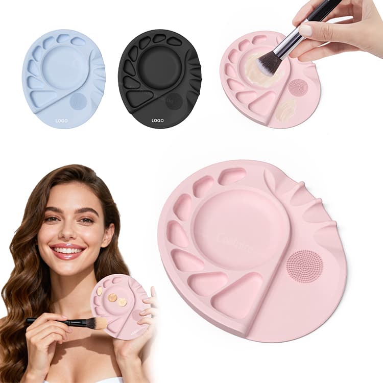 Model holding silicone makeup mixing palette for foundation blending